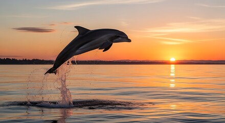 Marine mammal leaps from calm water surface during brilliant orange sunset