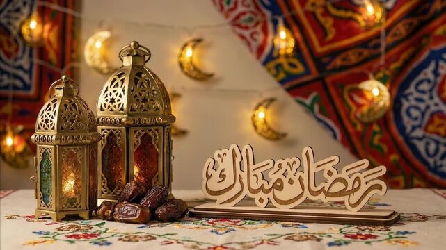 A beautifully arranged festive display features two elegant golden lanterns with intricate metalwork and colored glass panels, casting a warm, inviting glow. Beside them, a decorative wooden script pi