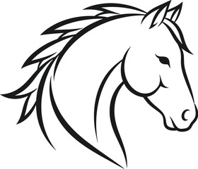 Striking minimalist black and white line art vector illustration depicting a majestic horse head profile with a flowing stylized mane for branding design.