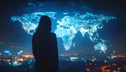 Silhouetted figure analyzing a futuristic world map above a vibrant city