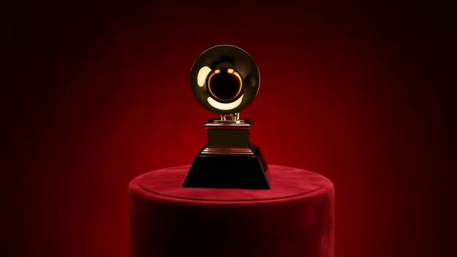 Golden gramophone award on red velvet pedestal.
