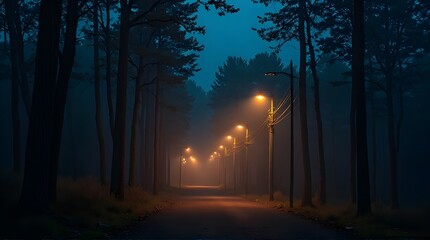a path in a forest shrouded in fog at night or early morning, lit by several street lamps