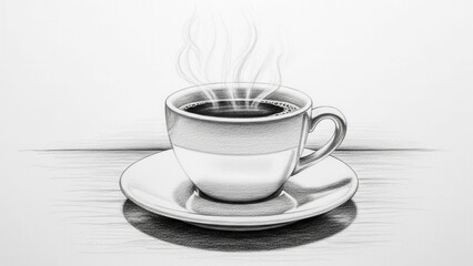 Obraz premium Steaming Hot Coffee Cup Drawing, Black and White Sketch, Morning Beverage