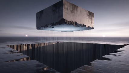 Surreal floating concrete cube over abyss, light beams connecting to deep crater
