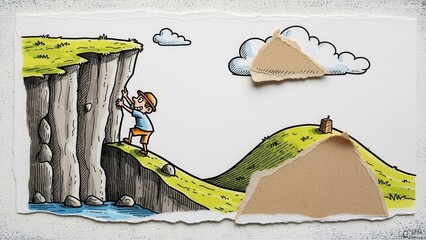 Child climbing cliff edge, pursuing a goal on a sunny day with torn paper clouds