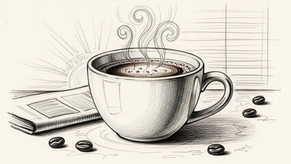 Steaming Coffee Cup, Newspaper, and Coffee Beans Sketch - Morning Routine