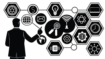 Seamless abstract background with hexagon patterns featuring digital network connection icons and vector technology illustrations for business information design