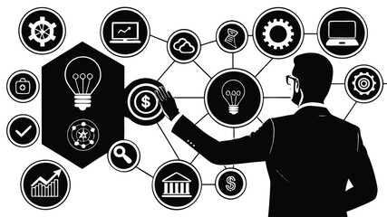 Vector illustration of a silhouette of a man and woman with headphones listening to music as a flat business technology concept for social media network communication and mobile internet connection