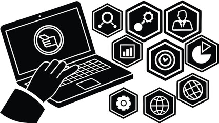 3D illustration of a digital technology concept featuring a hand holding a computer mouse and a set of web icons for online business communication and data network connectivity on a PC screen
