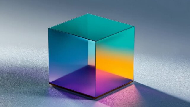 A cube illuminated by a vibrant rainbow-colored light, creating a colorful display on its surface.