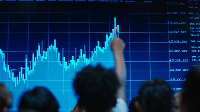 A group of children watches a stock market presentation at school. They point to graphs and data on a large screen, learning about market fluctuations and trends