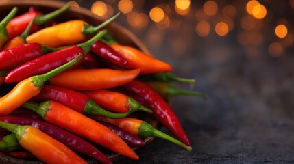 International Hot and Spicy Food Day Vibrant assortment of red orange and purple chili peppers piled in a shallow wooden bowl World Spicy Feast