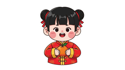 happy little girl in chinese dress holding orange © Free vector
