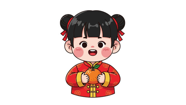 happy little girl in chinese dress holding orange