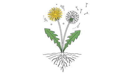 Vector illustration of common dandelion one with yellow flower and one losing seeds © GoDesigner
