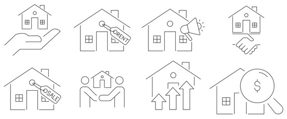 House For Sale And Rent  Editable Line Icons Set. Buy property, sale, rent, listing, agreement. vector illustration