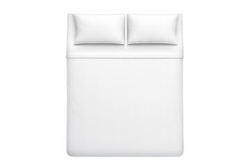 Double bed with white linens and pillows, overhead view, comfortable bedding template on transparent background