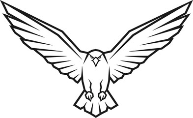 Fototapeta premium Minimalist line art vector icon depicting a fierce falcon or hawk soaring directly toward the viewer with fully spread wings ready for landing or attack