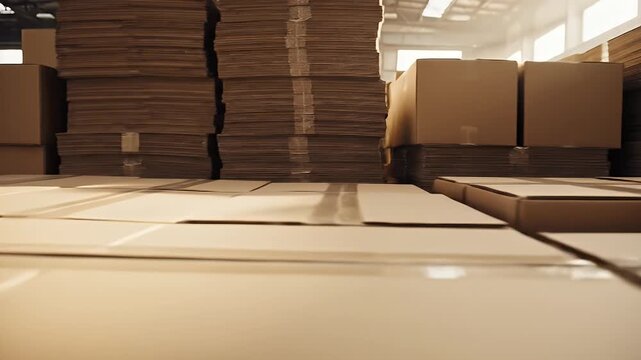 Warehouse storage facility showcasing stacked cardboard boxes ready for shipment or storage