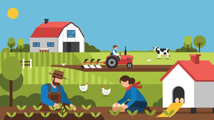 Obraz premium Flat design illustration of a vibrant farm with farmers planting crops, collecting eggs, and a tractor plowing fields, depicting sustainable agriculture and rural life