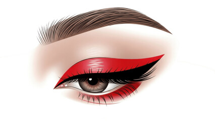 Close up glamorous eye makeup illustration with bold red and black winged eyeliner, detailed eyelashes and defined brow on clean white background modern beauty tutorial art png

