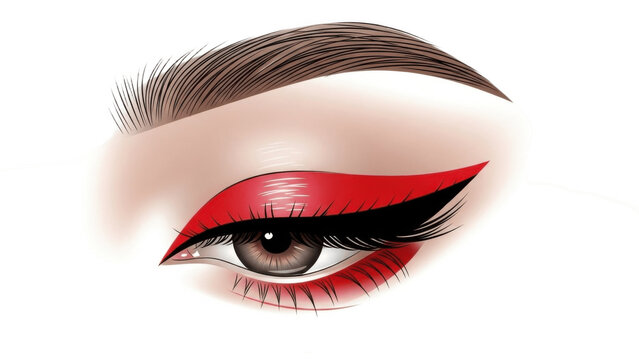 Close up glamorous eye makeup illustration with bold red and black winged eyeliner, detailed eyelashes and defined brow on clean white background modern beauty tutorial art png

 - Powered by Adobe