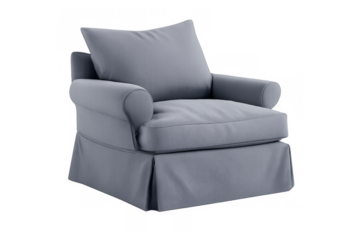 Light blue upholstered armchair with slipcover and rolled arms, comfy seating for modern home interior design, transparent background