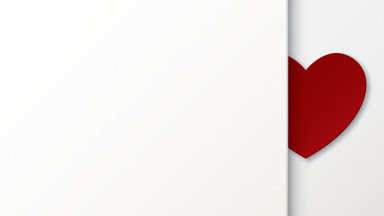 3D red heart paper cut style on white bond paper rough texture background is half overlaid with another white bond paper have blank space.