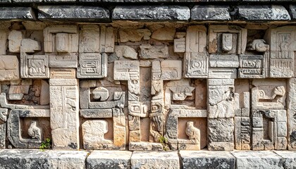 Ancient Mayan Stone Carvings Depicting Hieroglyphs and Figures.