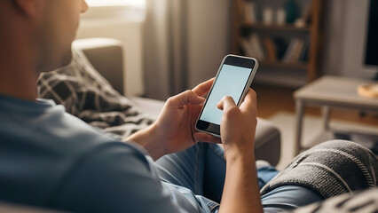 Person Using Smartphone While Relaxing on Sofa in Living Room Interior