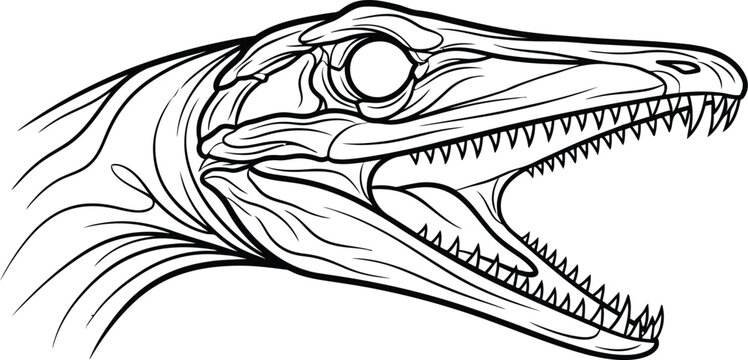 Detailed black and white line art illustration depicting the fierce open-mouthed head and sharp teeth of a terrifying prehistoric marine reptile.