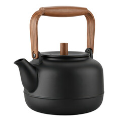 Black cast iron teapot with wooden handle isolated on black