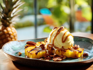 Grilled pine apple with ice cream on dish.