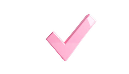 A 3D rendered pink checkmark isolated against a stark black background. It appears shiny, reflecting light from above
