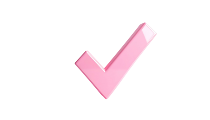 A 3D rendered pink checkmark isolated against a stark black background. It appears shiny, reflecting light from above