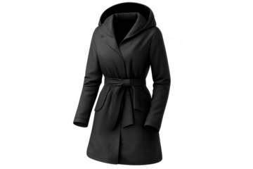 Stylish black hooded trench coat with belted waist, female outerwear garment, seasonal fashion clothing on transparent background