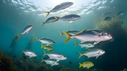 Fototapeta premium A vibrant school of diverse fish swims gracefully through sunlit, clear blue ocean waters, highlighting the stunning beauty and dynamic life of a thriving marine habitat