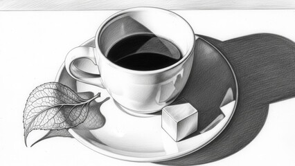 Pencil Drawing: Coffee Cup, Sugar Cube, and Leaf on Saucer with Dramatic Shadows