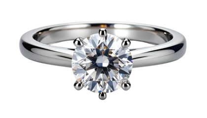 A close-up studio shot featuring a shiny, solitaire engagement ring on a plain black background. The diamond sparkles brightly