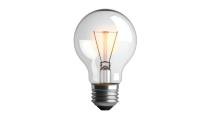 A close-up studio shot shows a glowing, transparent bulb. The light within illuminates the interior components. The glass is clear