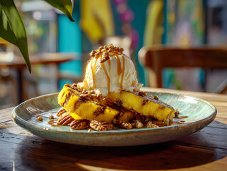 Grilled pine apple with ice cream on dish.