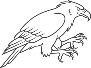 Obraz premium Black and white outline drawing of a fierce eagle perched with sharp talons ready for action against a stark white background