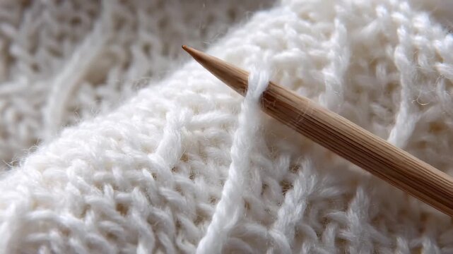 A knitting needle stitches through a piece of white knitted fabric, showcasing the crafting process.