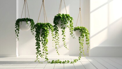Four hanging plants with green leaves in a bright room with sunlight.