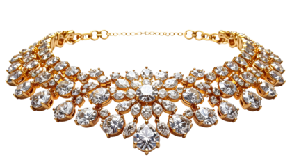 A dazzling necklace of gold, featuring numerous brilliant-cut gemstones meticulously arranged in a radiant floral pattern