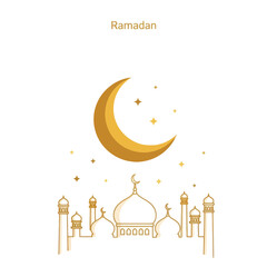 Obraz premium Elegant Minimalist Illustration of a Crescent Moon Over a Mosque During Ramadan Celebrations