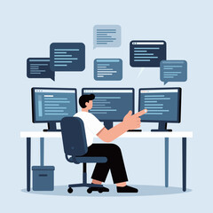 Developer coding on multiple monitors with chat bubbles