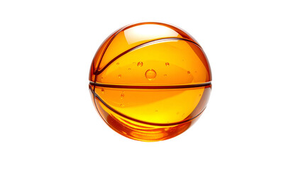 A luminous, transparent sphere, stylized to resemble a basketball with visible seams and internal bubbles. It rests against a solid black backdrop