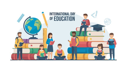 International Day of Education illustration featuring students of diverse backgrounds engaged in learning surrounded by books and educational symbols.