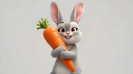 A cheerful cartoon rabbit holding a large orange carrot with green leaves